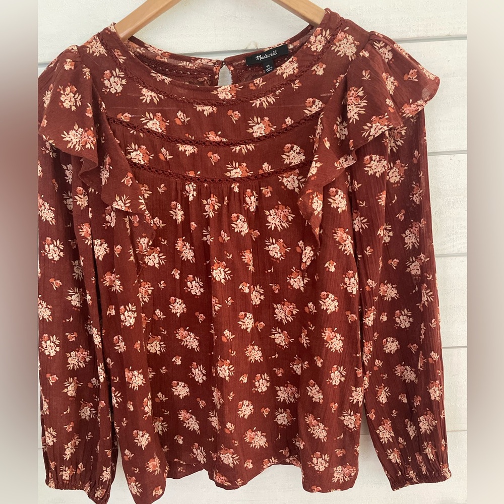 Madewell Ladder Trim Ruffle top burgundy floral Loose boho Women’s oversized XS - Picture 2 of 9